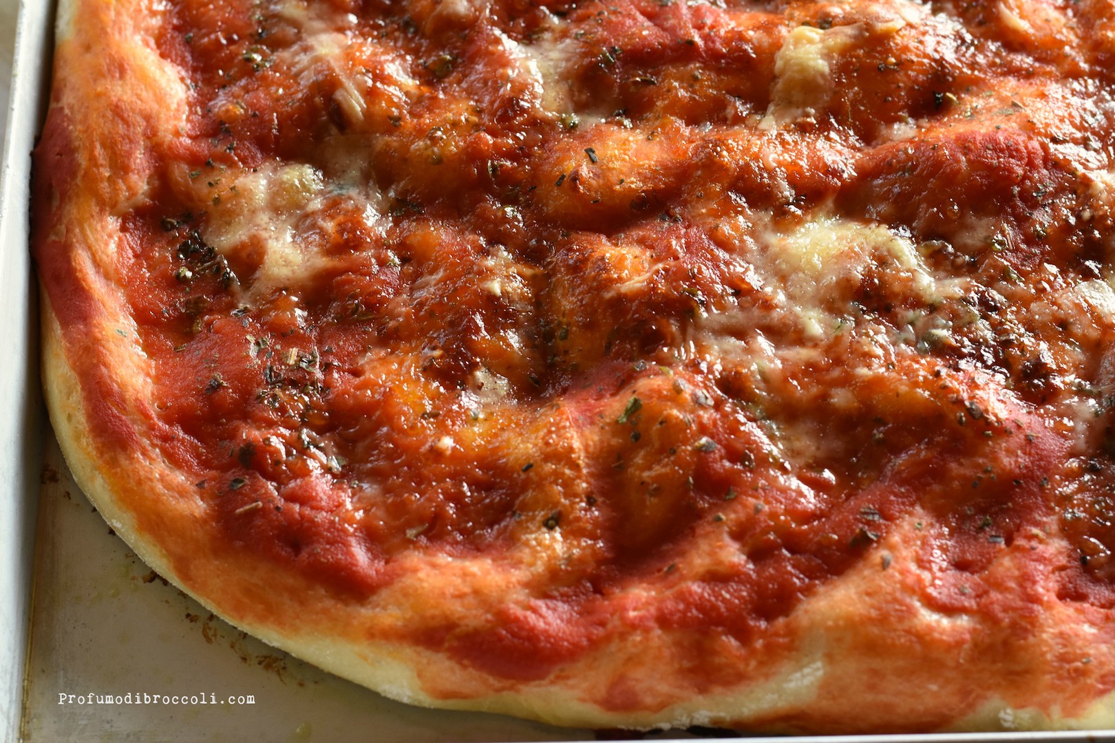 Pizza al vapore condita con salsa di pomodoro, origano ...